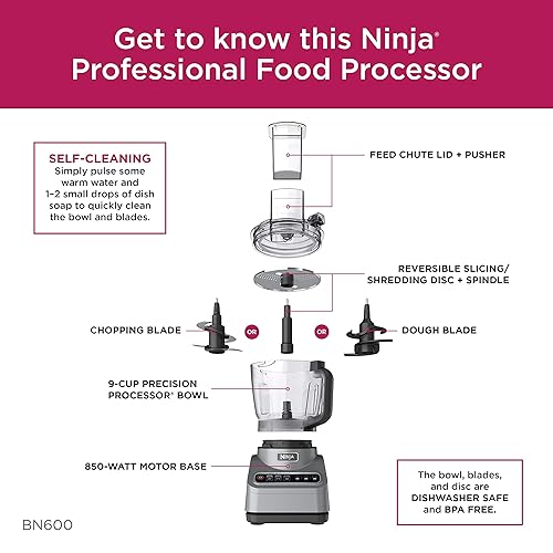 Ninja Professional Plus Food Processor 850-Watts With Auto-iQ Preset Programs Chop Puree Dough Slice Shred With a 9-Cup Capacity and a Silver Stainless Finish (BN600C) - Canadian Version