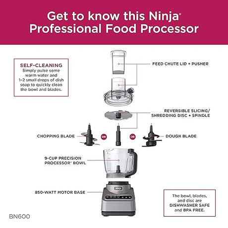 Ninja Professional Plus Food Processor 850-Watts With Auto-iQ Preset Programs Chop Puree Dough Slice Shred With a 9-Cup Capacity and a Silver Stainless Finish (BN600C) - Canadian Version