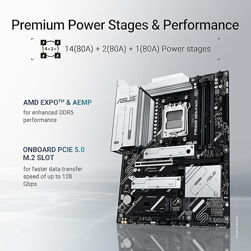 ASUS Prime X870-P WiFi AMD AM5 X870 ATX Motherboard 14+2+1 80A DrMOS Power Stages, DDR5, PCIe 5.0, PCIe 5.0 x16, Q-Release, 4X M.2, Wi-Fi 7, Q-Antenna, 2.5Gb LAN, USB4®, USB Type-C®, BIOS Flashback™