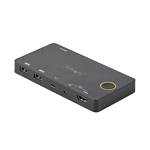 StarTech.com 2 Port Hybrid USB-A + HDMI & USB-C KVM Switch - Single 4K 60Hz HDMI 2.0 Monitor - Compact Desktop and/or Laptop HDMI KVM Switch - USB Bus Powered - Thunderbolt 3 Compatible (SV221HUC4K)