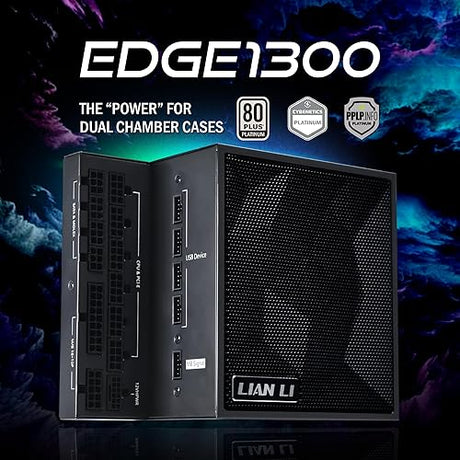 Lian Li Edge Series-1300W Full Modular Power Supply-80 PLUS Platinum-ATX 3.0, 3.1-PCIE 5.1-L-Shape Design for Dual Chamber Case-120mm FDB Fan-Supports up to 4X USB Devices-Black (EG1300BE.US)