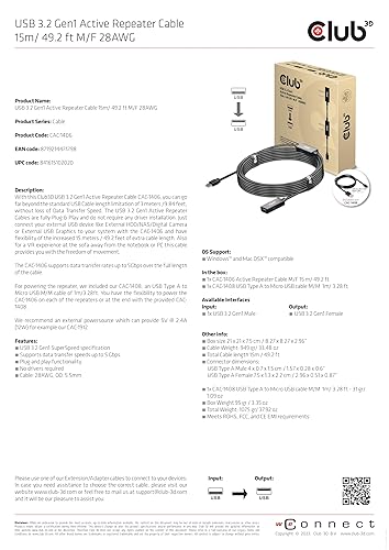 Club3D USB-A 3.2 Gen1 Active Repeater Cable 15m/49.2ft M/F 28AWG Black