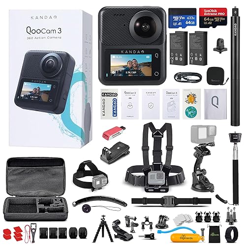 KanDao QooCam 3 360° Action Camera Travel Combo | Dual-Lens 5.7K Video Capture with Image Stabilization, Waterproof Design | 64GB Card + 50-in-1 Accessory Kit