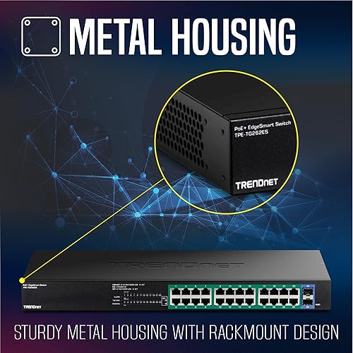 TRENDnet 26-Port Gigabit EdgeSmart PoE+ Switch, TPE TG262ES, 380W PoE Power Budget, 24 x Gigabit PoE+ Ports, 2 x Gigabit SFP Ports, Managed Network Ethernet Switch, Lifetime Protection, Black