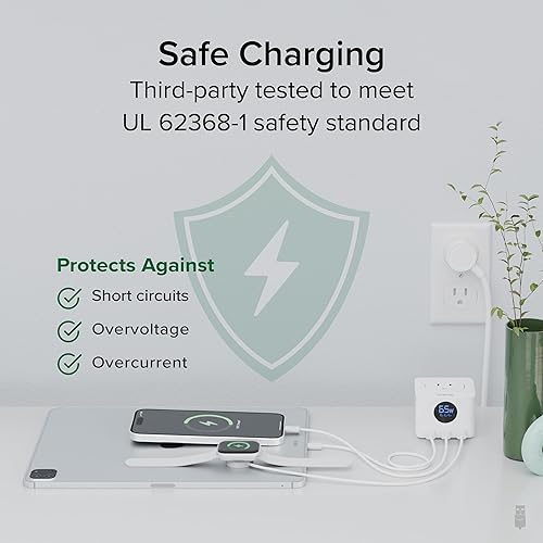 Plugable 67W USB C Power Strip, Charging Station Extension Cord with Multiple Outlets, Flat Wall Plug and Watt Meter, 3X USB-C, 3X AC Power Outlets for iPhone 16, Travel, Office, 5ft (PS3-METERC3)