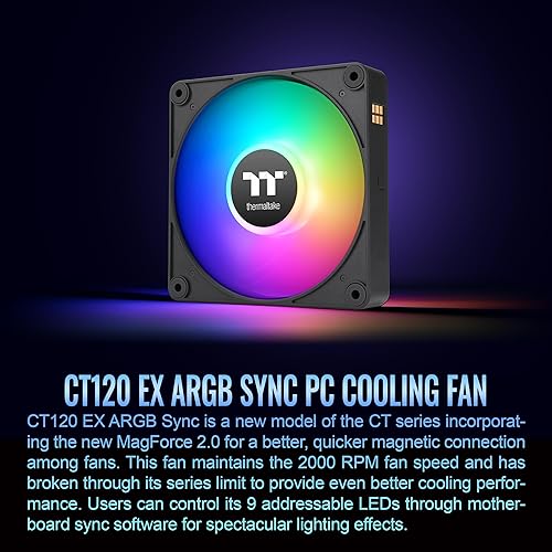 Thermaltake CT120 EX ARGB Sync PC Cooling Fan (3-Fan Pack), Magnetic Connection, 5V Motherboard Sync, 16.8 Million Colors 9 Addressable LEDs, 120 mm Case/Radiator Fan, CL-F181-PL12SW-A Magnetic ARGB 120mm Black