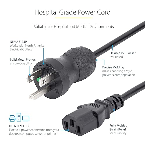 StarTech.com 10ft (3m) Hospital Grade Power Cord, 18AWG, NEMA 5-15P To C13, 10A 125V, Green Dot Medical Power Cable, PC Power Supply Power Cable, Printer/Monitor Power Cable, UL Listed (PXTMG10110) 10ft/3m