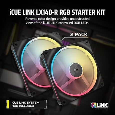 CORSAIR iCUE Link LX140-R RGB 140mm PWM Reverse Fans – Dual Fan Kit – Low-Noise, CORSAIR Magnetic Dome Bearing, Dual Light Loops, CORSAIR QuikTurn™ Screws, Zero RPM Mode – Black 2 x 140mm Black