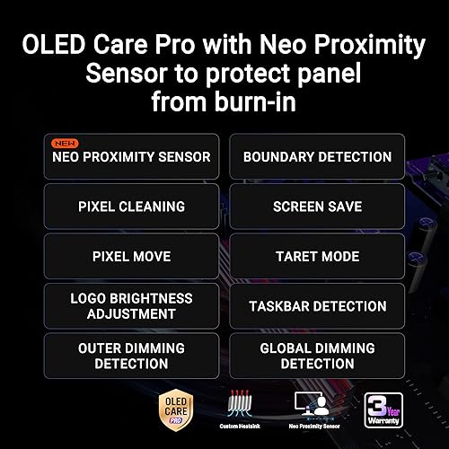 ASUS ROG Swift 27” 4K QD-OLED Gaming Monitor (PG27UCDM) - 240Hz, 0.03ms, Custom Heatsink, Neo Proximity Sensor, G-SYNC Compatible, 99% DCI-P3, True 10-bit color, DisplayPort 2.1a UHBR20, 3 yr warranty