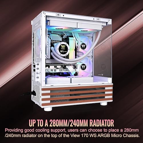 Thermaltake View 170 WS ARGB; Micro Chassis; Bottom Wood Trim; 3x120mm ARGB Lite Fans Included; 340mm GPU Clearance; 160mm Air Cooler Max Height; mATX/mITX; Snow; CA-1Z4-00M6WN-WS