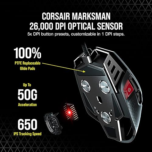 Corsair M65 RGB Ultra Tunable FPS Gaming Mouse - CORSAIR Marksman 26,000 DPI Optical Sensor, Optical Switches, AXON Hyper-Processing Technology, Sensor Fusion Control, Tunable Weight System - Black Wired