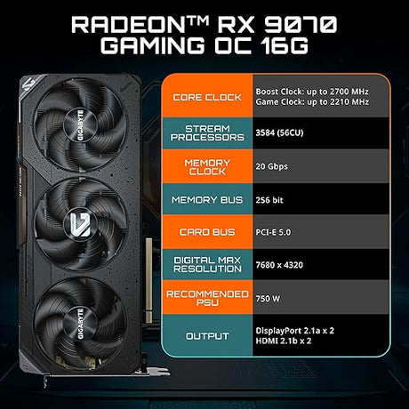 GIGABYTE Radeon RX 9070 Gaming Graphics Card with 16GB GDDR6X, PCIe x16, DisplayPort, Compatible with Desktop