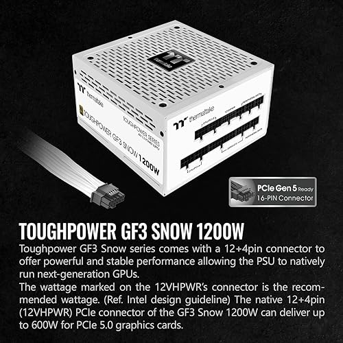 Thermaltake Toughpower GF3 Snow Edition 1200W 80+ Gold Full Modular SLI/Crossfire Ready ATX 3.0 Power Supply PCIe Gen.5 600W 12VHPWR Connector Included PS-TPD-1200FNFAGU-N 10 Year Warranty