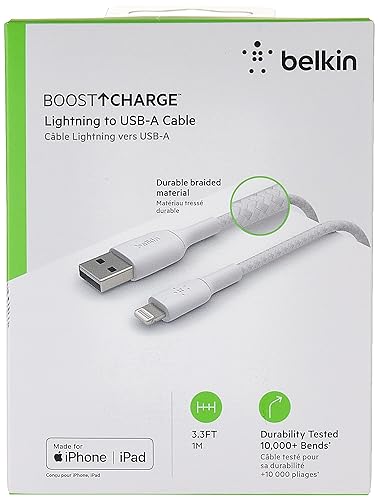 Belkin iPhone Charging Cable (Braided Lightning Cable Tested to Withstand 1000+ Bends) Lightning to USB Cable, MFi-Certified iPhone Charging Cord (3ft/1m, White) (CAA002bt1MWH) Braided 3.3 FT White