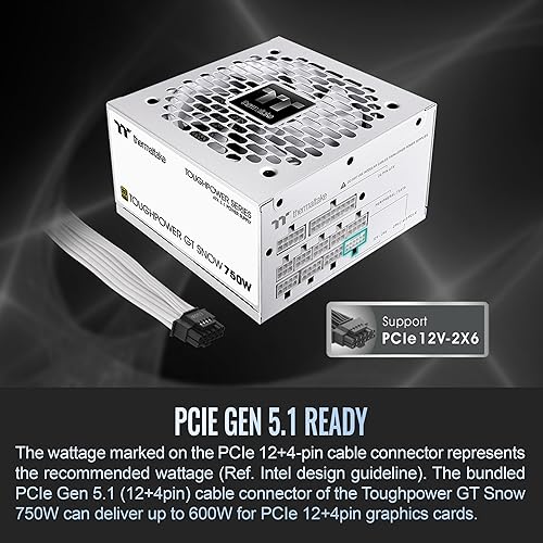 Thermaltake Toughpower GT 750W Snow ATX 3.1 Power Supply; 80 Plus Gold Efficiency; Smart Zero Fan; Native 600W PCIe 5.1 Connector; PS-TPT-0750FNFAGU-W; 5 Year Warranty 750W Gold (ATX 3.1)