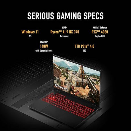 ASUS TUF Gaming A16 (2024) Gaming Laptop, 16” FHD+ 16:10 165Hz Display, AMD Ryzen™ AI 9 HX 370, NVIDIA® GeForce RTX™ 4060, 16GB LPDDR5X, 1TB PCIe Gen4 SSD, Wi-Fi 6E, Windows 11, FA608WV-DB94