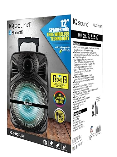 IQ Sound IQ-5012DJBT 12-inch Portable Bluetooth Speaker with True Wireless Technology, 12 High Efficiency Woofer, BT Receiver, FM Radio, RMS: 30 W, Flashing Lights, USB/Micro SD /AUX/Mic Inputs