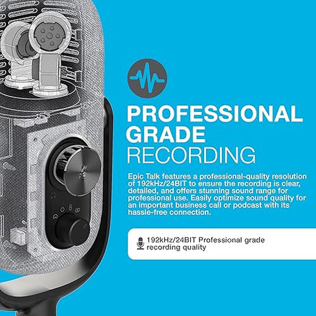 JLab Epic Talk USB Gaming Streaming Microphone, White, USB-C Output, Cardioid, Omni, Stereo, Bi-Directional, 192k Sample Rate, Volume Control, Gain Control, and Quick Mute, 3.5mm AUX, Plug and Play