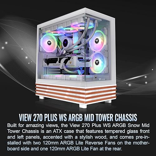 Thermaltake View 270 Plus WS ARGB; Mid Tower; 3x120mm Lite Fans Included; 360mm Radiator Support; 420mm GPU Clearance; Bottom Wood Trim; E-ATX/ATX/mATX/mITX; 220mm PSU Clearance;Snow; CA-1Y7-00M6WN-WS