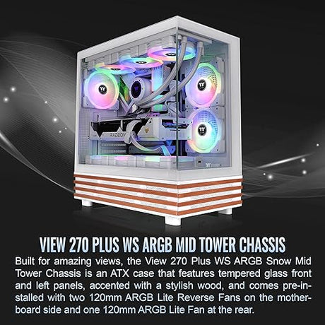 Thermaltake View 270 Plus WS ARGB; Mid Tower; 3x120mm Lite Fans Included; 360mm Radiator Support; 420mm GPU Clearance; Bottom Wood Trim; E-ATX/ATX/mATX/mITX; 220mm PSU Clearance;Snow; CA-1Y7-00M6WN-WS