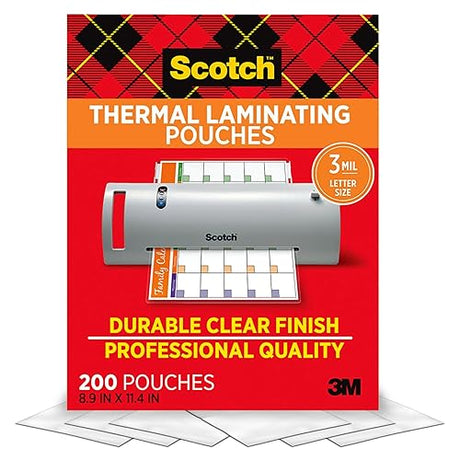 Scotch Thermal Laminating Pouches, 8.9 x 11.4-Inches, 3 mil thick, 200-Pack (TP3854-200)