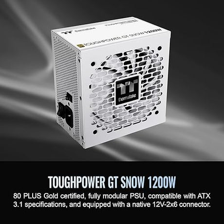 Thermaltake Toughpower GT 1200W; ATX 3.1; x2 Native PCIe 5.1 12V-2x6; Full Modular; Flat Cables; Color Matched Connectors; Japanese Main Capacitors; 80 Plus Gold; 140mm; Snow; PS-TPT-1200FNFAGU-W