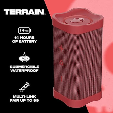 Skullcandy Terrain Wireless Bluetooth Speaker - IPX7 Waterproof Portable Speaker with Dual Custom Passive Radiators, 14 Hour Battery, Nylon Wrist Wrap, & True Wireless Stereo Red