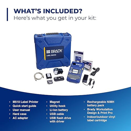 Brady M510 Portable Industrial Label Printer Kit with Carrying Case, Label Cartridge, Rechargeable Battery and Charger, 3.75 H x 5.75 W x 10 D M510-KIT Printer Kit