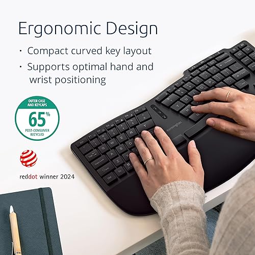 Kensington Pro Fit Ergo Wireless Keyboard, TKL, Split Keyboard, Ergonomic, Rechargeable, Bluetooth & 2.4GHz connection, Programmable Keys, Black, K75491US