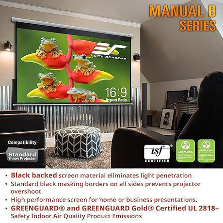 Elite Screens Manual B Series, 100-inch Diagonal 4:3, Pull Down Projection Manual Projector Screen with Auto Lock, M100V, White, 4:3, 100-inch