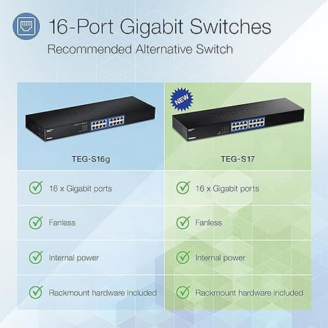 TRENDnet 16-Port Gigabit Switch, TEG-S17, 16 x Gigabit RJ-45 Ports, 32Gbps Switching Capacity, Fanless Design, Metal Enclosure, Internal Power Supply, Lifetime Protection, Black