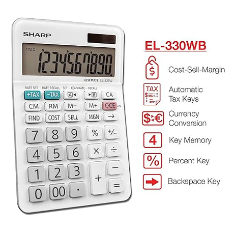 Sharp EL-330WB Standard Function Basic Desktop Calculator, Large Display, for Home and Office, Dual Power, Solar and Battery