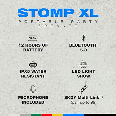Skullcandy Stomp XL Bluetooth Speaker - IPX5 Waterproof Wireless Portable Speaker, LED Lightshow and Strobe Modes, 12 Hour Battery, Multi-Link, USB-C and USB-A Output Charger, Black