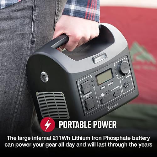 Cobra 200W Power Station - Portable Power, Fast Charge USB, LED Flashlight, AC Outlets, 200W Pure Sine Wave, 12V Socket, AC and 12V Cables, Solar Panel Compatible