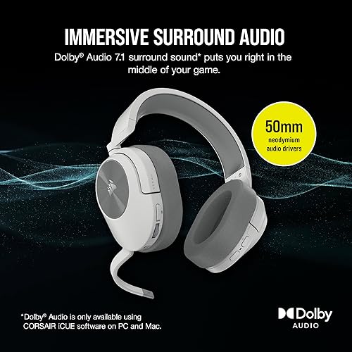 Corsair HS55 Wireless Gaming Headset - Low-Latency 2.4GHz Wireless or Bluetooth®, Dolby® Audio 7.1 Surround Sound, Lightweight, Omni-Directional Microphone, On-Ear Audio Controls - White