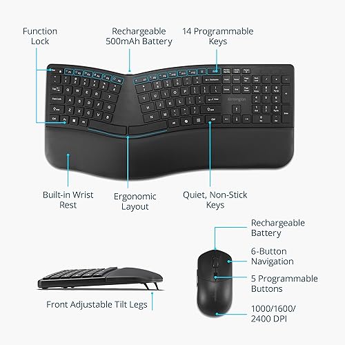 Kensington Pro Fit Ergo KM680 EQ Wireless Keyboard and Mouse Desktop Set, Rechargeable, Ergonomic Design, Split-Keyboard (K72486NA)