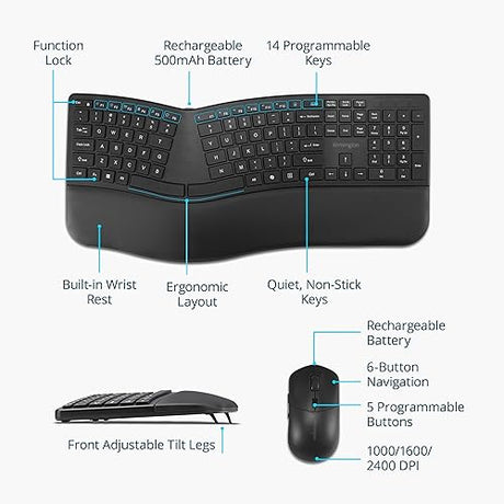 Kensington Pro Fit Ergo KM680 EQ Wireless Keyboard and Mouse Desktop Set, Rechargeable, Ergonomic Design, Split-Keyboard (K72486NA)