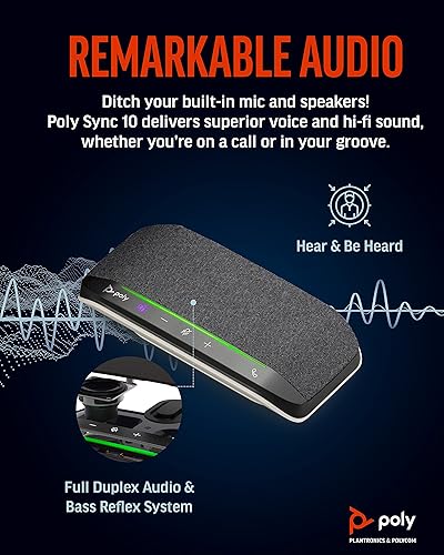 Poly Sync 10 USB Speakerphone (Plantronics) - Two-In-One Portable Speaker for Audio/Video Conference Calls & Music - USB Powered - Dual-Mic, Full-Duplex Audio - Works w/Teams (Certified), Zoom, & More Microsoft Teams Version