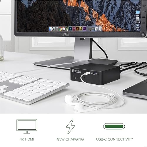 Plugable USB-C Dock With 85W Charging for Thunderbolt 3 and MacBooks, Select Windows Laptops (HDMI 4K@30Hz, Ethernet, 4 USB 3.0 Ports, USB-C PD, VESA Mount)