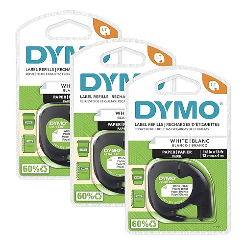 DYMO LT Paper Labels for LetraTag Label Makers, Black Print on White Labels, 1/2-Inch x 23-Foot Rolls, 3 Count Paper Black on White