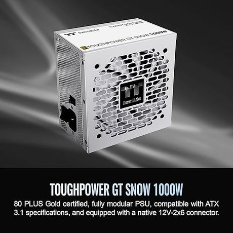 Thermaltake Toughpower GT 1000W; ATX 3.1; Native PCIe 5.1 12V-2x6; Full Modular; Flat Cables; Color Matched Connectors; Japanese Main Capacitors; 80 Plus Gold; 140mm; Snow; PS-TPT-1000FNFAGU-W