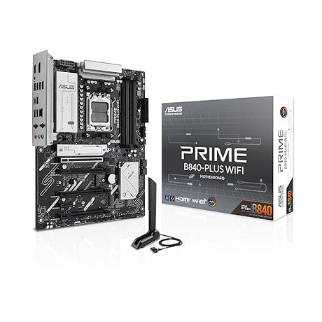 ASUS Prime B840-PLUS WiFi AMD AM5 B840 ATX Motherboard, Advanced AI Ready, DDR5, PCIe 4.0, 3X M.2, Wi-Fi 6E, 2.5Gb LAN, DisplayPort, HDMI™, USB 10Gbps Type-A & Type-C®, BIOS Flashback™, Aura Sync RGB