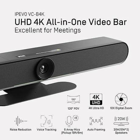 IPEVO VC-B4K UHD 4K Video and Audio Conference Room Camera System, All-in-One Video Bar, Voice Detection and Auto Framing, 6 MEMS Mic/20W(2x10W) speakers/120°FOV, Smartphone/Laptop/Tablet - Black