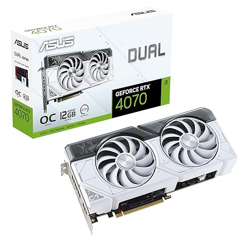 ASUS Dual GeForce RTX™ 4070 White OC Edition 12GB GDDR6X (PCIe 4.0, 12GB GDDR6X, DLSS 3, HDMI 2.1, DisplayPort 1.4a, 2.56-Slot Design, Axial-tech Fan Design, 0dB Technology, and More) White Overclocking DUAL-RTX4070-O12G-WHITE