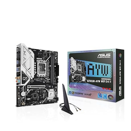 ASUS B760M-AYW WiFi D4 II Intel® B760 (LGA 1700) microATX mATX Motherboard, PCIe 5.0 x16 Support, Two M.2 Slots, DDR4, Realtek 2.5Gb Ethernet, Wi-Fi 6, HDMI, SATA 6 Gbps, Front USB 5Gbps, Aura Sync
