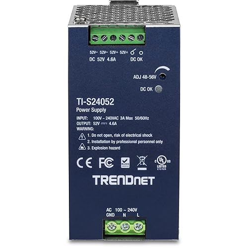 TRENDnet 240W 52V DC, 4.61A AC to DC DIN-Rail Industrial Power Supply, Built-in Power Factor Controller Function, Extreme Operating Temperature Range -25° – 70° C (-13° – 158° F), Silver, TI-S24052