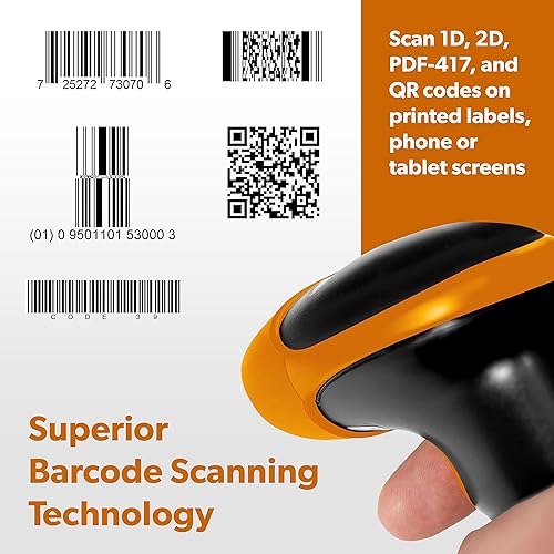 AMBIR BR100 Wired/USB Barcode Scanner: Supports-1D,2D,PDF417, & QR barcodes. OS: Win, Mac, Linux, Android. Read: Phone/Tablet Screens, Wrinkled/Low Quality barcodes. HID Device-Plug&Play-Black/Orange