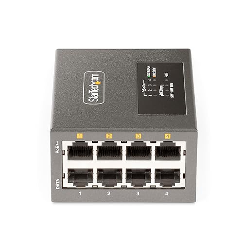 StarTech.com 4-Port Multi-Gigabit PoE++ Injector, 5/2.5/1G Ethernet (NBASE-T), PoE/PoE+/PoE++, Wall/DIN Rail Mountable 802.3bt 90W