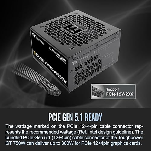 Thermaltake Toughpower GT 850W ATX 3.1 Standard Power Supply; 80 Plus Gold Efficiency; Smart Zero Fan; Native 450W PCIe 5.1 Connector; PS-TPT-0850FNFAGU-3; 5 Year Warranty Gold (ATX 3.1) 850W Black