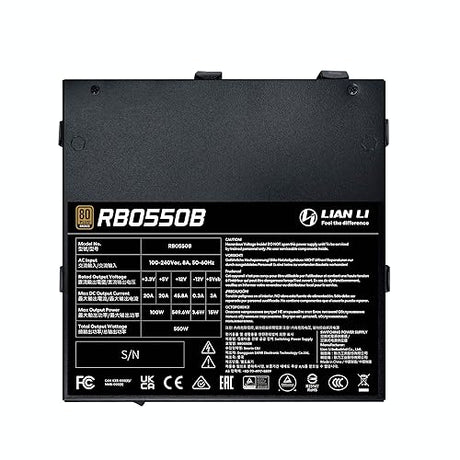 Lian Li RB550 80 Plus Bronze Non Modular - Low-Noise ATX 550 Watt Power Supply - ATX 3.1 & PCIe 5.1 Compliant - Cable Management - 135mm Larger Fan - Active PFC Design - Black (RB0550B) 550W